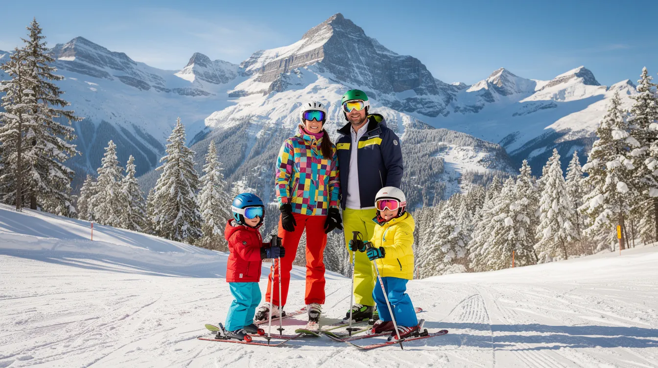 Eine Familie mit zwei Kindern steht auf Skiern vor einer beeindruckenden, verschneiten Bergkulisse. Die Skifahrer sind bereit für den Wintersport und tragen passende Skischuhe sowie eine Skibindung, die richtig eingestellt ist, um Sicherheit auf der Piste zu gewährleisten.
