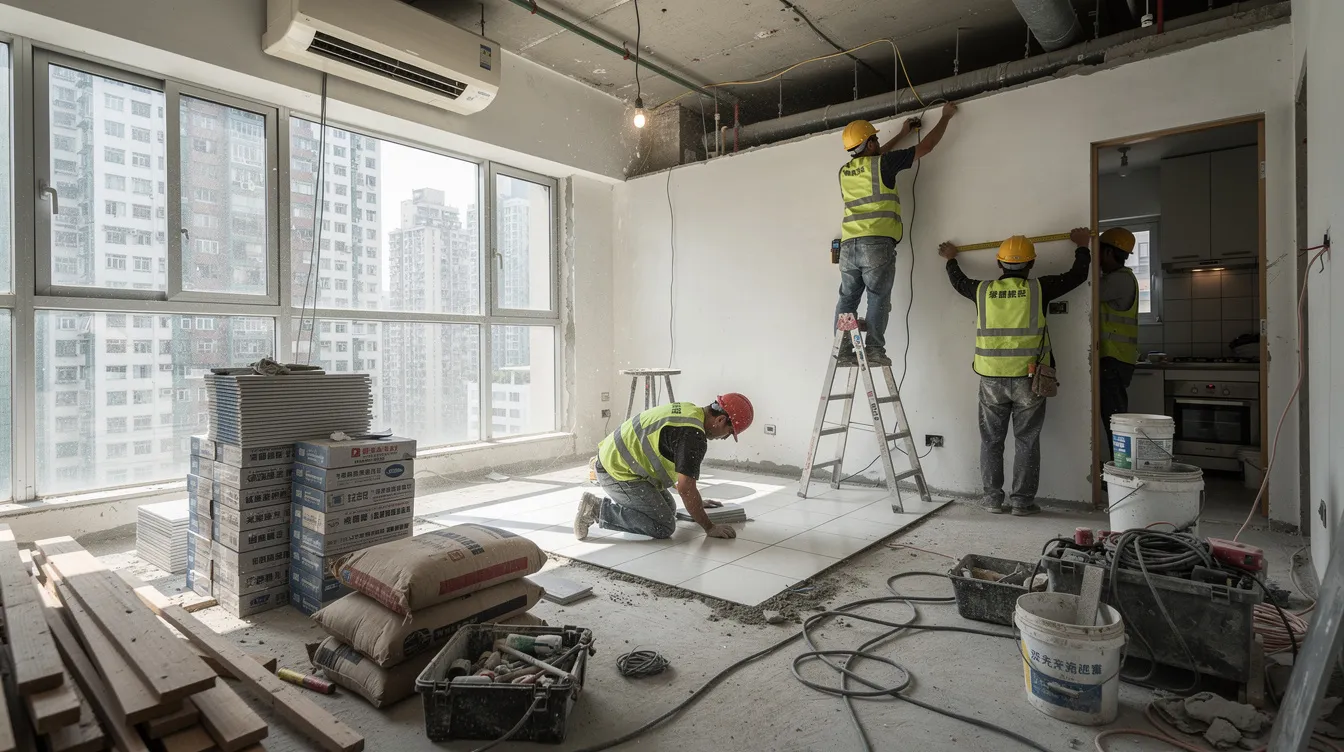 The image shows a Hong Kong apartment in the midst of renovation, with workers busy at their tasks surrounded by various building materials like wood and drywall. The scene reflects the hustle of home improvement, emphasizing the importance of reliable financing options such as "私人 貸款" for those looking to undertake similar projects.