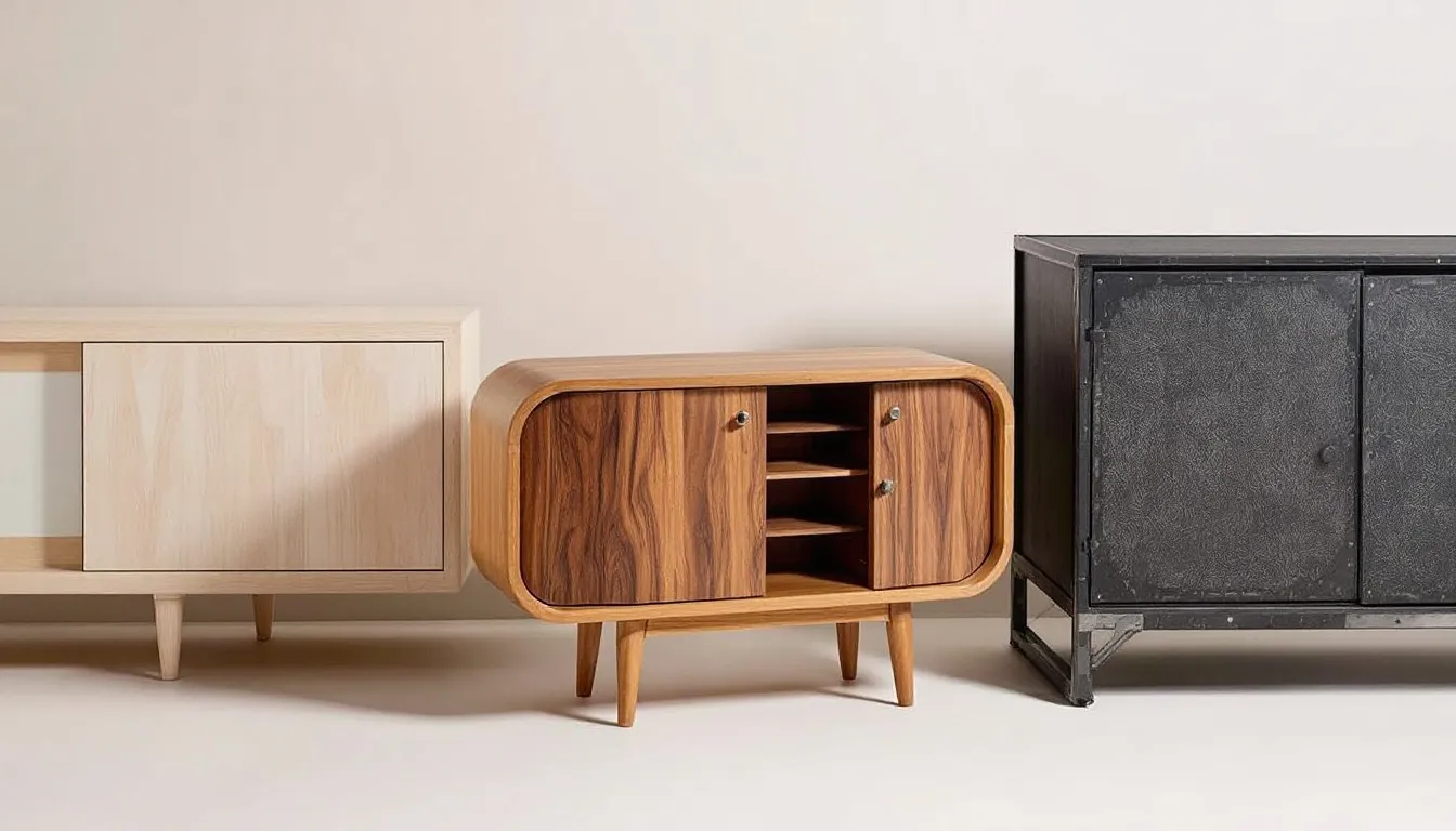The image showcases a collection of various 120cm TV unit styles, including Scandinavian, mid-century modern, and industrial designs, each offering stylish storage solutions for living spaces. These entertainment units feature open shelves and unique materials, providing a blend of functionality and decor to complement any room.
