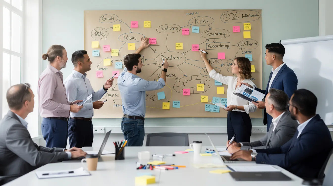 Un grupo de profesionales del mundo empresarial participa en un taller de estrategia, analizando con atención un gran diagrama colgado en la pared que ilustra una red interconectada de elementos relacionados con la estrategia de marca y el «ecosistema de marca». Utilizan notas adhesivas y rotuladores para resaltar conceptos clave como el valor del ciclo de vida del cliente y la integridad de la marca, fomentando así un entorno colaborativo para la creación de valor compartido y estrategias innovadoras de « marketing ».