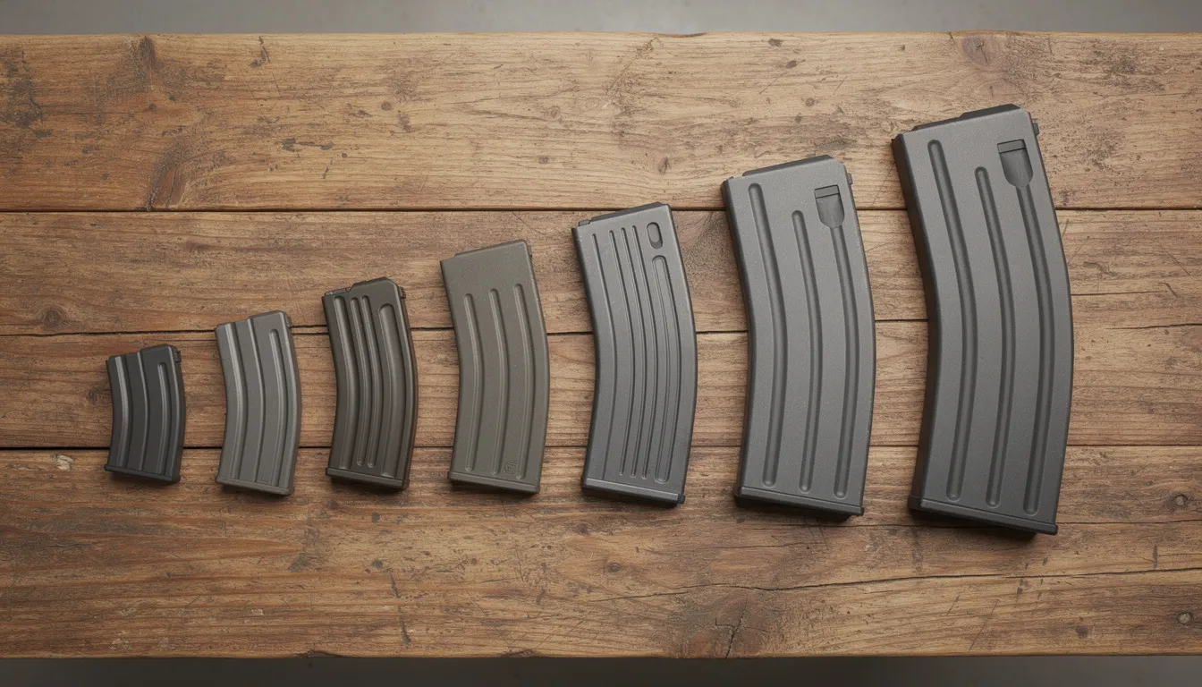 An assortment of rifle magazines, including AR-10 magazines, are displayed on a wooden table, arranged from smallest to largest capacity. Each magazine features durable materials like steel and polymer, showcasing their superior strength and reliability for shooters.