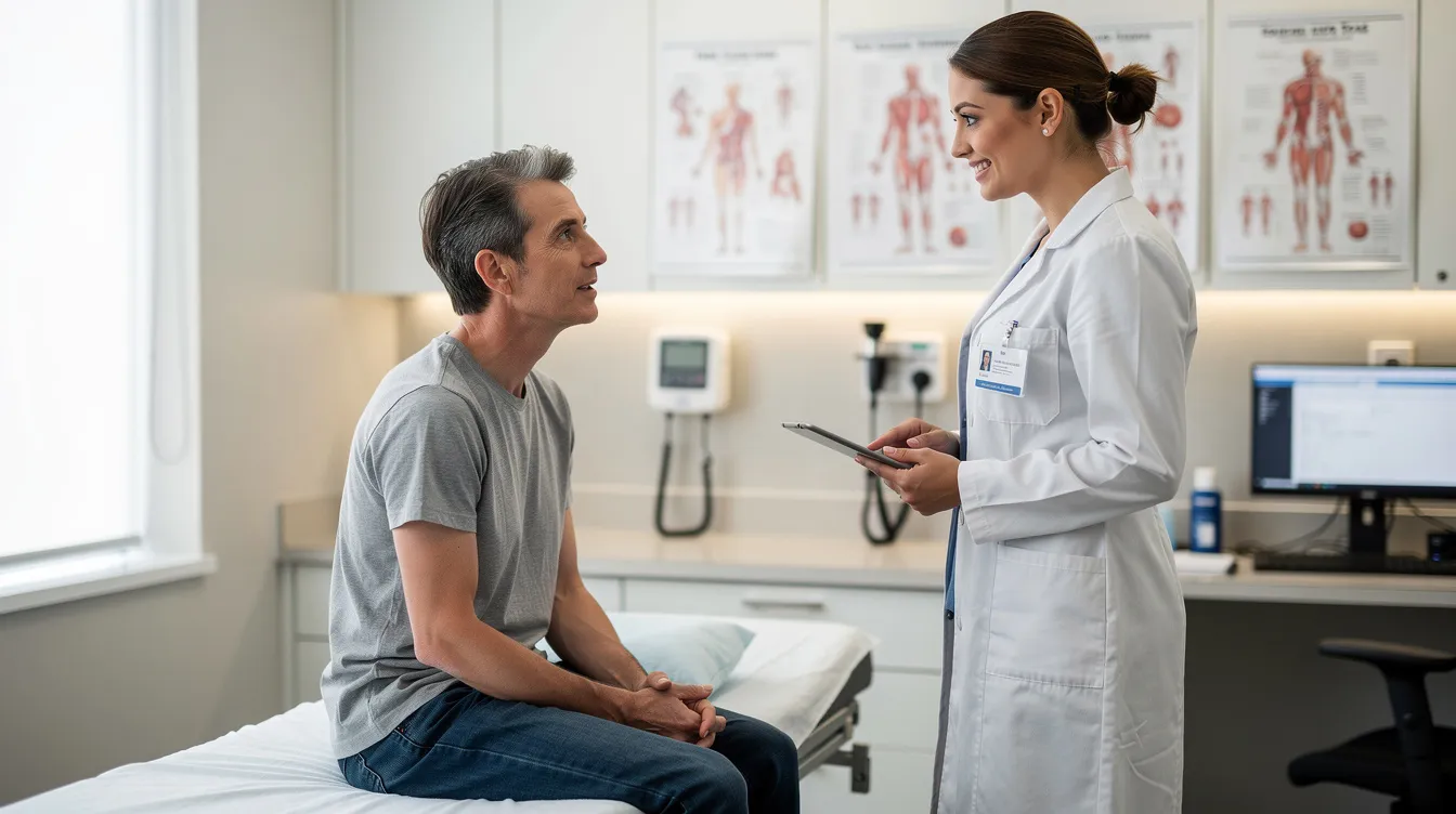 A patient is engaged in a conversation with a healthcare provider in a medical office, discussing options for managing arthritis pain and joint health. The provider may suggest dietary supplements, such as fish oil and glucosamine, known for their anti-inflammatory properties and potential to ease joint pain associated with conditions like knee osteoarthritis and rheumatoid arthritis.