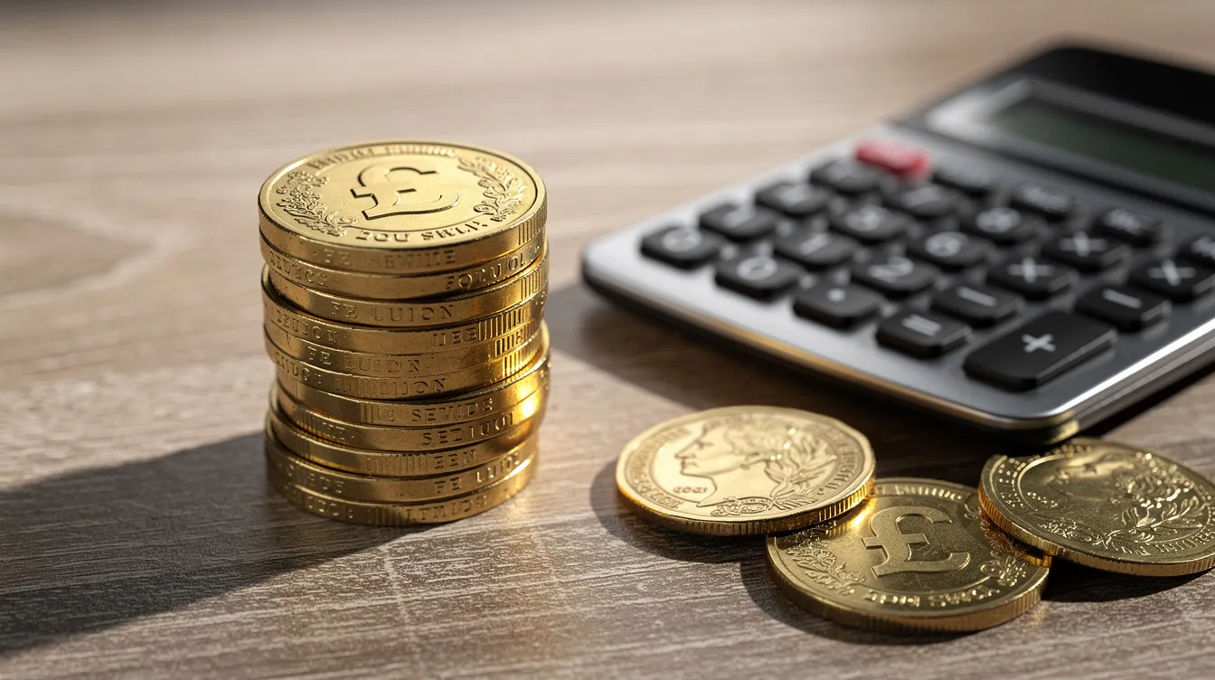 The image shows a stack of British pound coins resting on a wooden table, accompanied by a calculator nearby, symbolizing financial planning for international students managing tuition fees and living costs while studying in the UK.