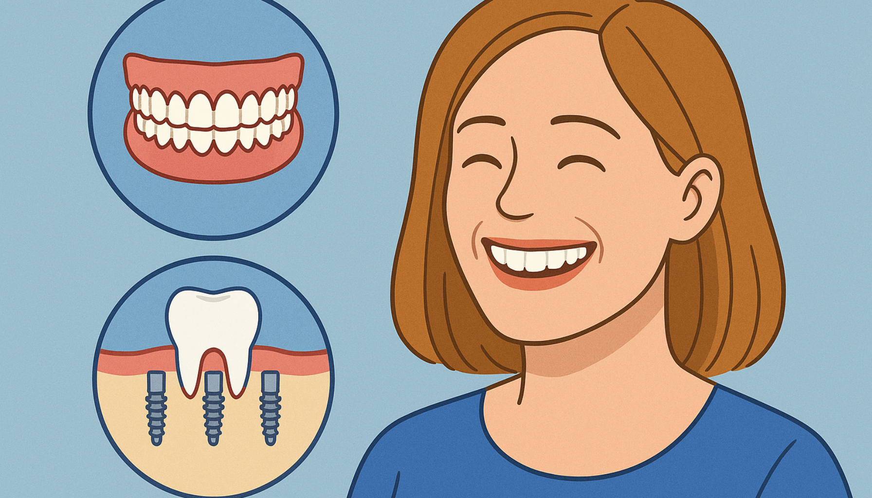 All-on-4: Tannløsningen Som Forandrer Livet Ditt På Én Dag 16 Illustrasjon av kvinne med nytt smil etter All-on-4-implantat, med detaljerte symboler for tannimplantater og proteser.