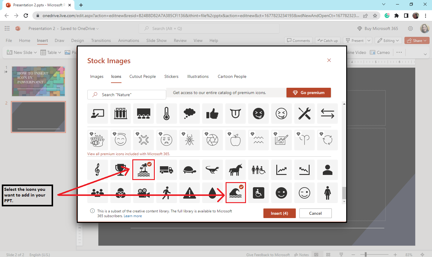 After the dialog box for "Stock Images" will appear. Select an icon from the PowerPoint icon library.