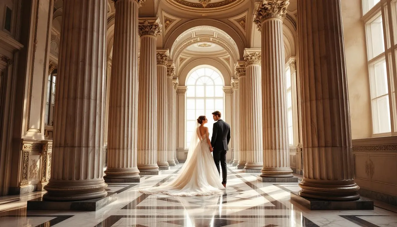 Eine elegante Hochzeitszeremonie findet in einem historischen Gebäude mit klassischen Säulen statt, das von weichem, natürlichem Licht durchflutet wird. Der Trausaal in Baden-Baden bietet eine romantische Kulisse für Eheschließungen und andere standesamtliche Angelegenheiten.