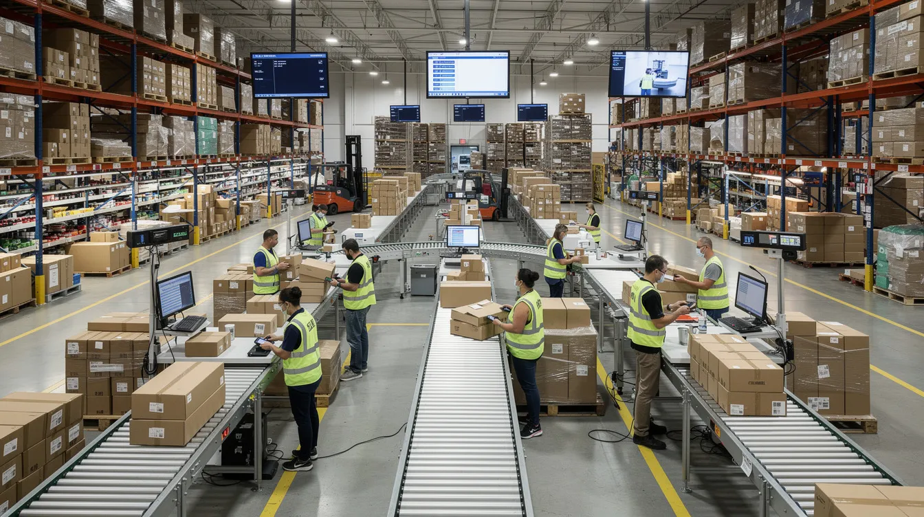 The image depicts a bustling warehouse fulfillment center where workers are efficiently processing a large volume of online orders, showcasing the operations behind an ecommerce platform like Shopify. This scene highlights the importance of automation tools and streamlined logistics in supporting high volume businesses and enhancing the checkout experience for customers.