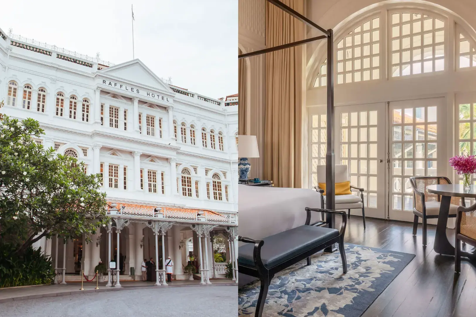Raffles Hotel colonial white facade with arched windows alongside a suite with high arched doors and elegant furnishings