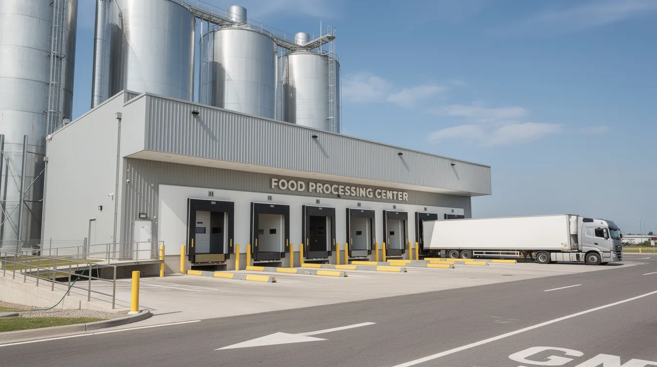 4dcddb87 4da6 42ea 9c75 9d393cd174fd The image depicts the exterior of an industrial food processing facility, featuring a loading bay designed for truck access, emphasizing the operational capacity of a dal mill plant. This facility is equipped for efficient processing of pulses, ensuring a dust-free operation while meeting customer satisfaction through quality output.