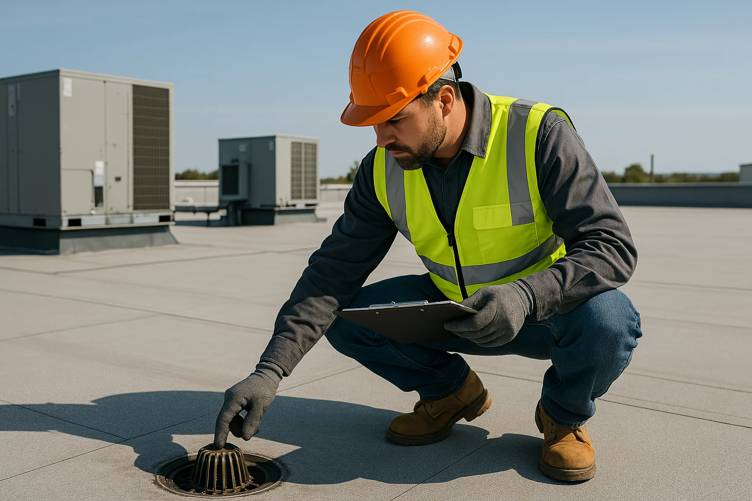 Commercial roofer inspecting a flat roof with a clipboard, checking drainage and surface condition near rooftop equipment.