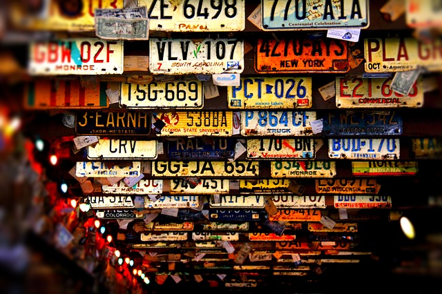 license plates, ceiling, bar