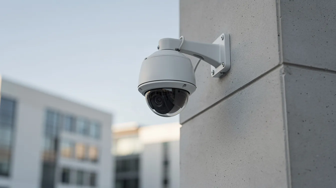 The image shows a security camera installed on the corner of a commercial building wall, highlighting the importance of adequate security measures to protect the property and its guests. Proper security, such as functioning cameras, can help prevent negligent security incidents and ensure safety against foreseeable harm.