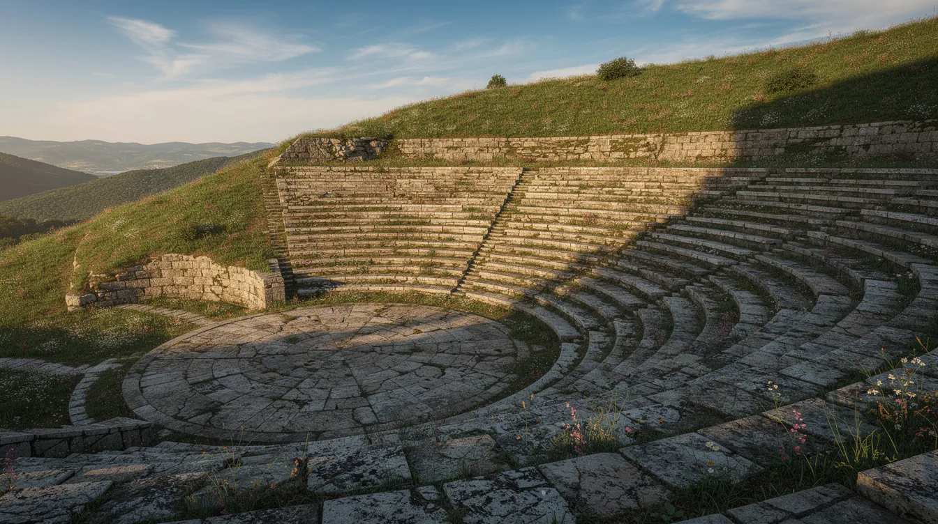The image depicts an ancient amphitheater carved into a hillside, featuring stone seating rows that reflect the architectural prowess of ancient Greece. This historical structure, associated with Greek culture and religion, served as a venue for performances and gatherings, showcasing the significance of the arts in ancient Greek society.