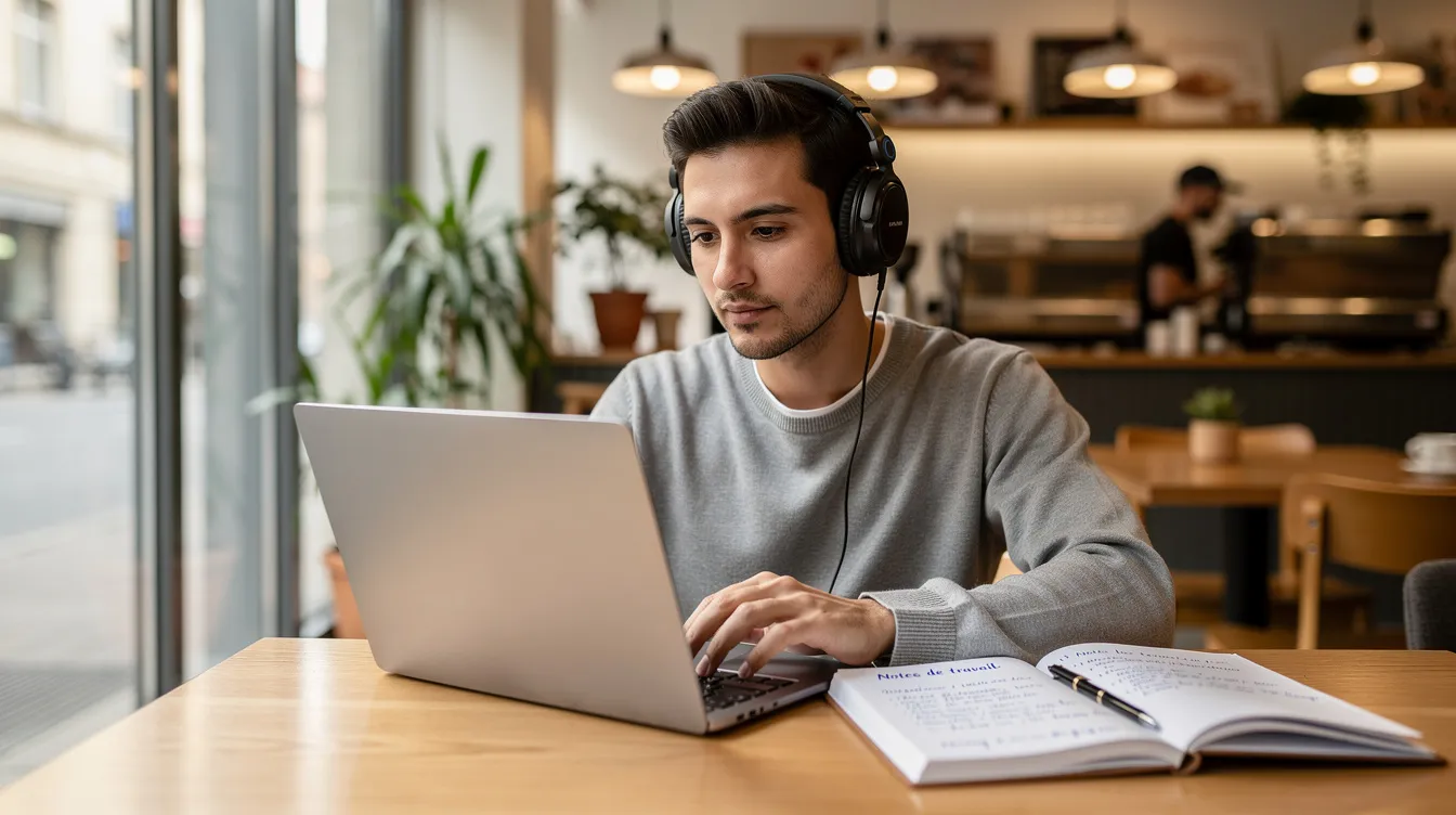 Une personne est assise dans un café moderne, travaillant sur un ordinateur portable tout en portant un casque audio. À côté, un carnet de notes ouvert suggère un processus de développement des compétences managériales, mettant l'accent sur la prise de décision et le leadership au sein d'une équipe.