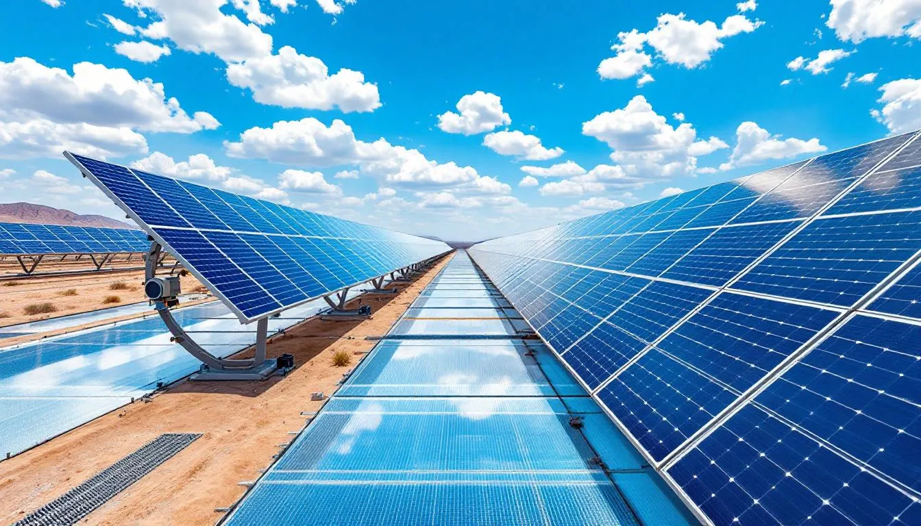 The image depicts a large-scale solar farm featuring bifacial solar panels mounted on tracking systems, designed to optimize energy generation by capturing sunlight from both the front and rear sides. The panels are installed over a highly reflective ground cover, enhancing their efficiency by utilizing reflected light for additional electricity production.