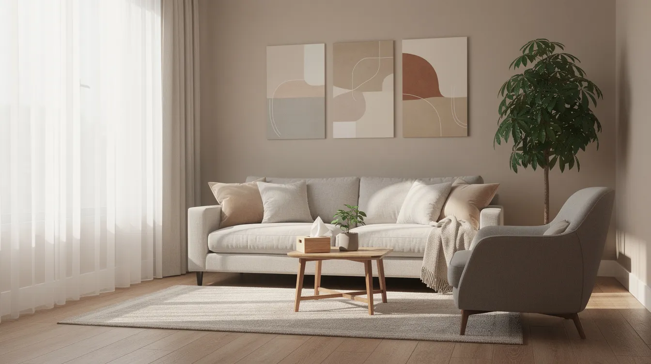 The image depicts a modern therapy room filled with natural light, featuring calming decor that promotes a peaceful atmosphere. This inviting space is designed for individuals seeking support for various mental disorders, including substance use disorders such as inhalant use disorder.