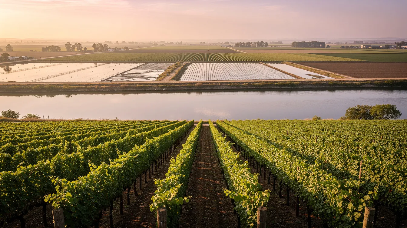 The image depicts vineyard rows bathed in golden light, stretching towards the Sacramento River, with Delta farmland visible in the background, encapsulating the beauty of Clarksburg wine country. This picturesque scene invites wine lovers to explore the rich flavors and experiences offered in this charming wine region.