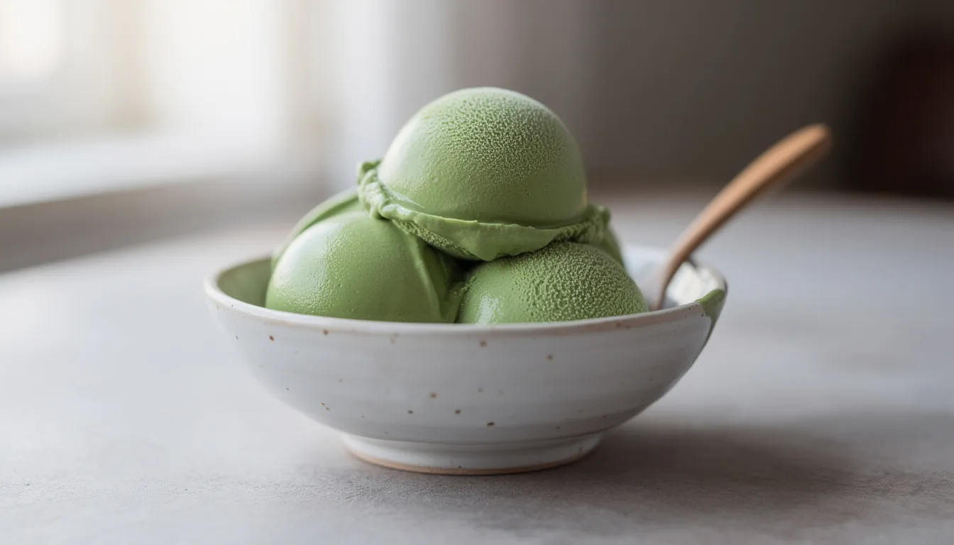 In einer keramischen Schüssel sind cremige, grüne Matcha-Eisportionen angerichtet, die mit einem kleinen Holzlöffel serviert werden. Das Matcha-Eis hat eine samtige Textur und verströmt den charakteristischen Duft von grünem Tee.
