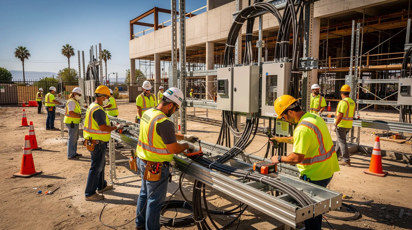 A group of construction workers, dressed in safety vests and hard hats, are actively engaged in installing electrical systems at a large commercial job site in Southern California. The scene highlights the importance of safety and skill in the construction industry, particularly for electrical apprentices working under supervision to meet apprenticeship standards.