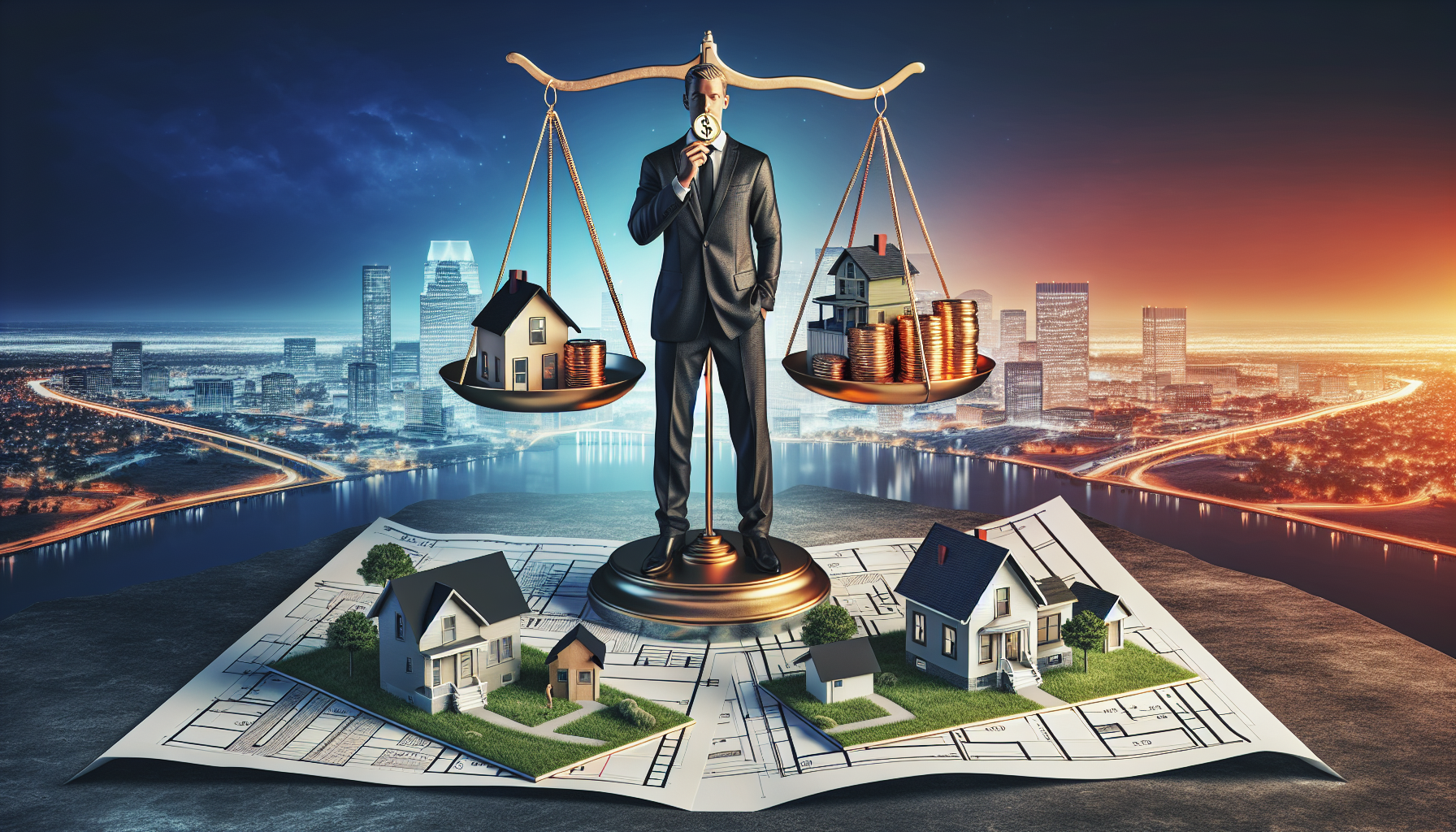 Artistic representation of an investor managing multiple rental properties