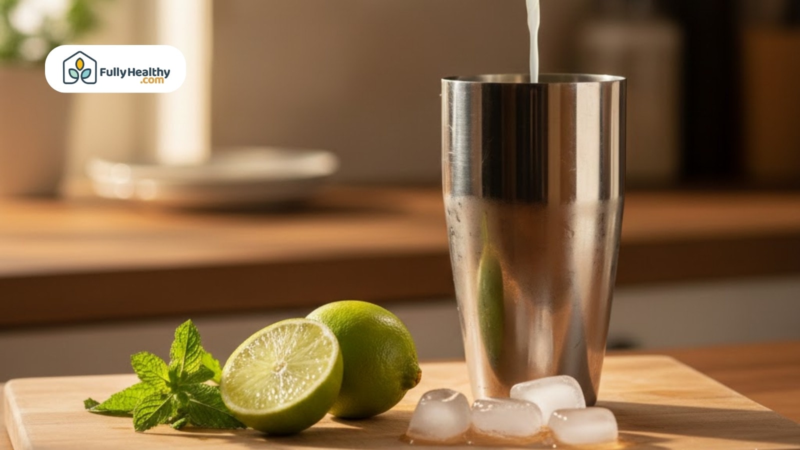 Limes ice and mint beside cocktail shaker with liquid being poured inside