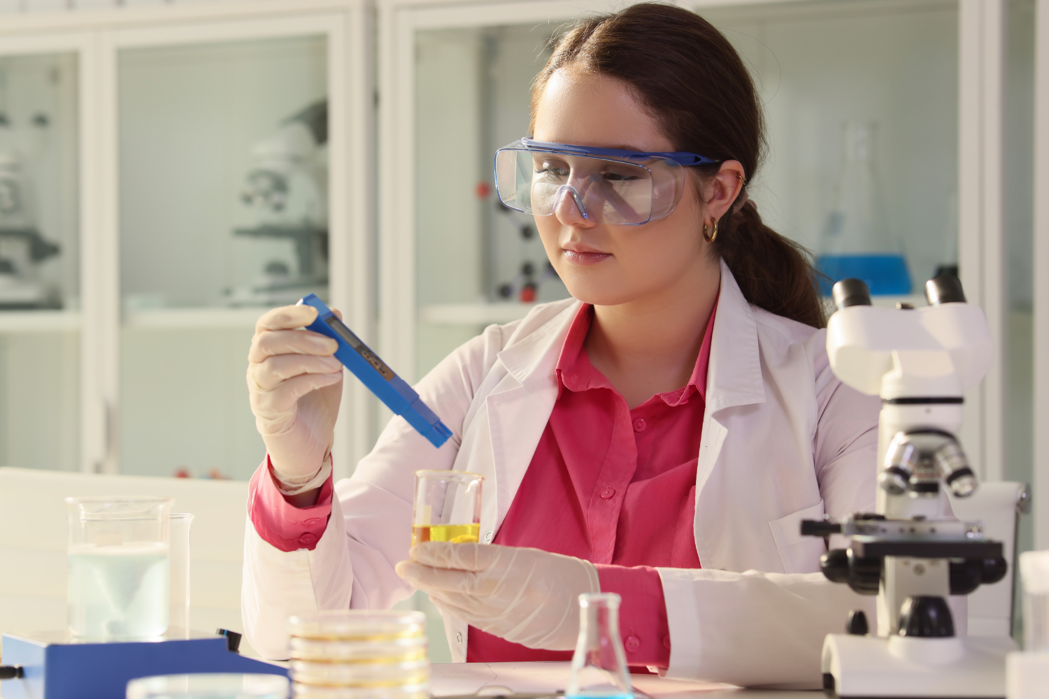 A scientist in a lab coat examining supplement ingredients.