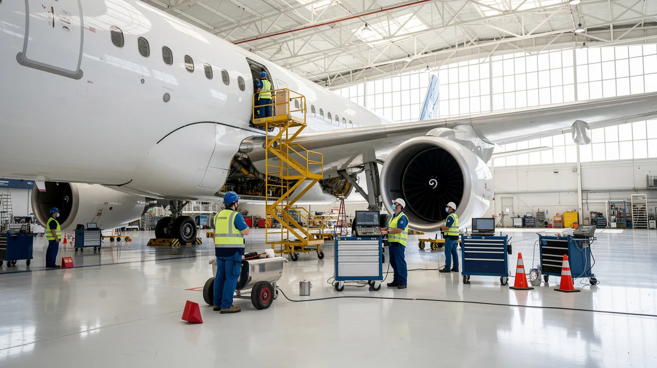 Aviation maintenance technicians are inspecting an aircraft in a bright hangar, utilizing various tools and equipment as part of their job training in an apprenticeship program. The scene highlights a collaborative team effort focused on ensuring the aircraft's airframe and engine systems are in optimal condition.