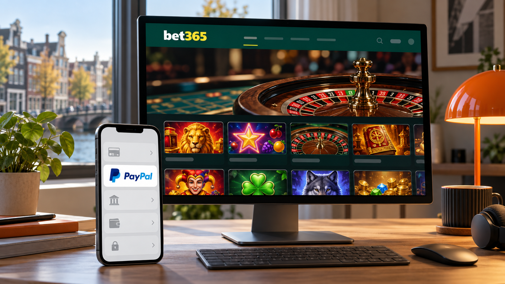 Bet365-geïnspireerde casinopagina op een scherm, met PayPal als betaaloptie op een telefoon.