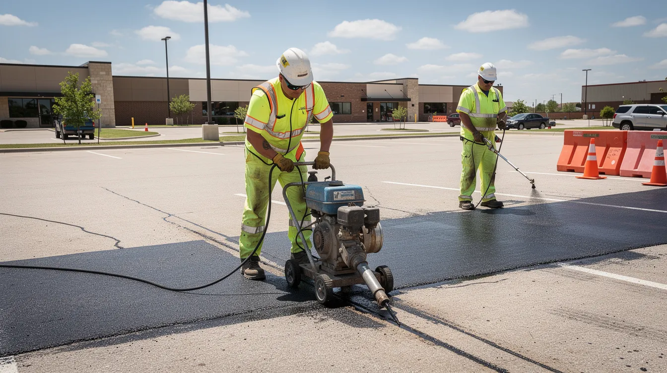 A professional asphalt maintenance crew is actively working on a sunny day in Oklahoma City, with one worker in high-visibility safety gear using a hot-rubber crack sealing machine along a clean parking lane, while another applies a fresh coat of black asphalt sealcoat emulsion with a precision spray wand. This scene highlights the dedication to quality asphalt repair and maintenance services for commercial clients in the area.