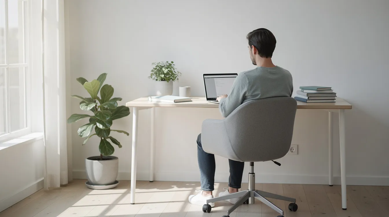 En person sitter bekvämt i en modern svart snurrstol med armstöd vid ett ljust skrivbord i ett hemmakontor. Stolen har en stilren design och är klädd i tyg, vilket ger bra stöd och komfort för längre arbetspass.