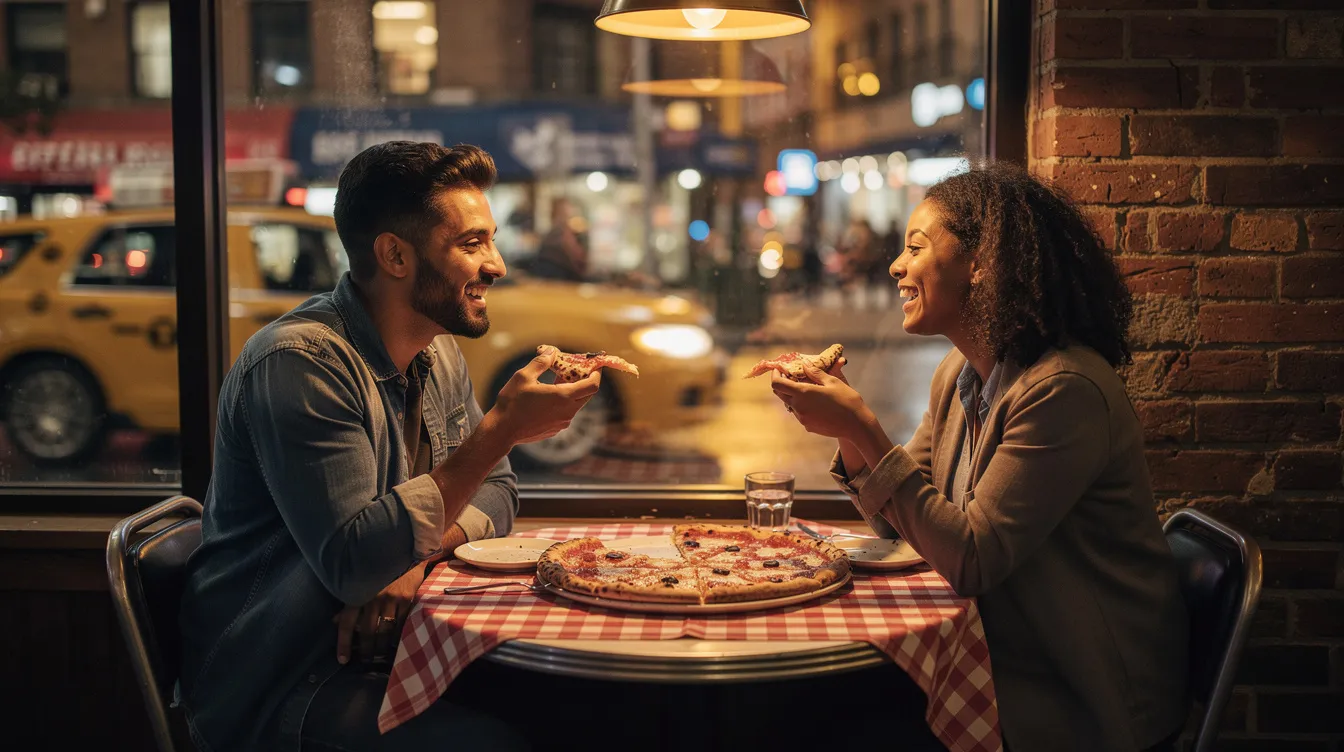 A mixed-race couple enjoys a cozy date at a pizzeria in New York City, sharing laughter and pizza while fostering emotional intimacy. Their connection reflects the impact of childhood experiences on adult relationships, highlighting the importance of secure attachment styles in building healthy romantic bonds.