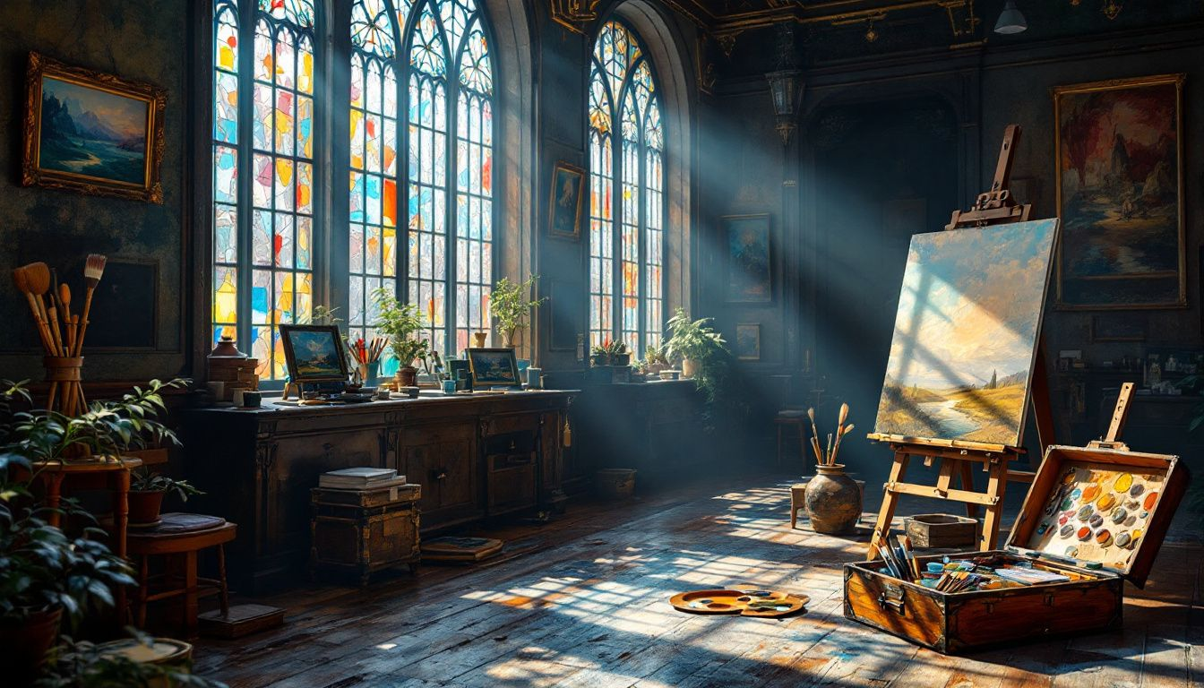 An artist's workspace showcasing oil painting materials and techniques.