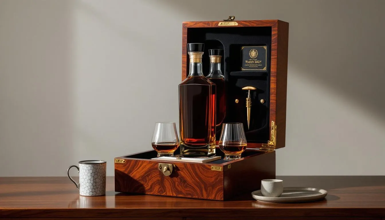 Na zdjęciu znajduje się elegancka butelka whisky umieszczona w drewnianym pudełku, które zawiera różne akcesoria do serwowania. To wyjątkowy prezent na święta, idealny dla każdego mężczyzny, który ceni sobie wyszukane trunki i elegancki design.