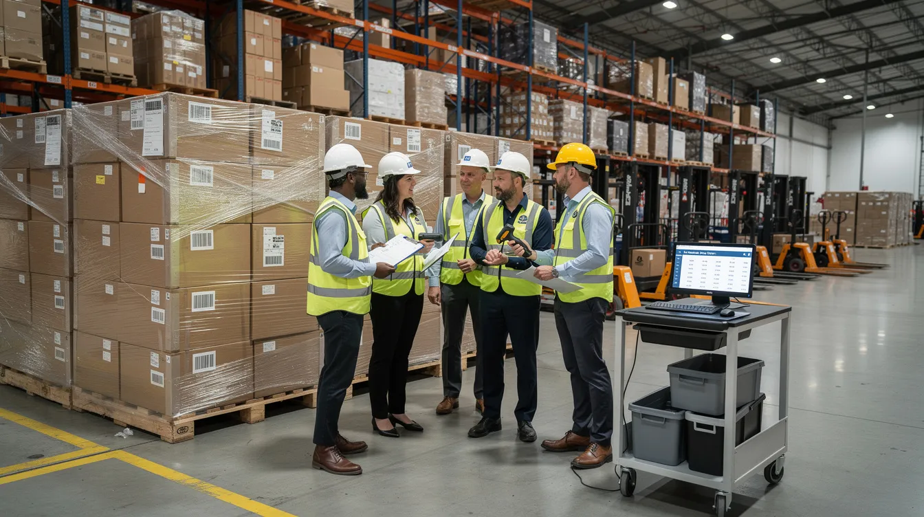 A logistics team is seen reviewing various palletized freight in a warehouse, discussing the national motor freight classification and assessing different freight classes to determine shipping costs. The team is focused on optimizing the handling and transport of different commodities, taking into account factors like density and packaging requirements for less than truckload (LTL) shipments.