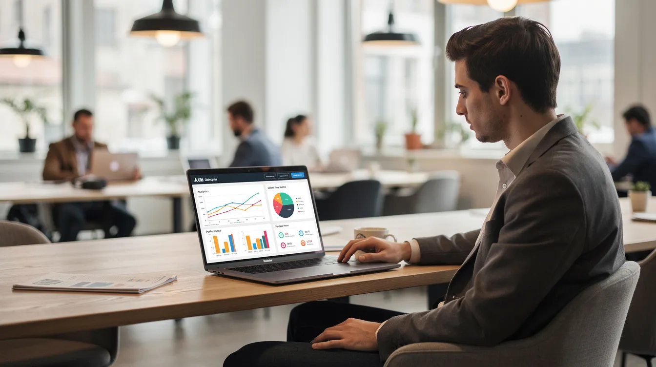 A professional in casual attire is focused on a laptop screen displaying data analytics and charts in a modern coworking space, highlighting the importance of technical knowledge and practical skills in the cybersecurity field. This image reflects the dynamic environment where cybersecurity professionals can develop their expertise and gain real-world experience.