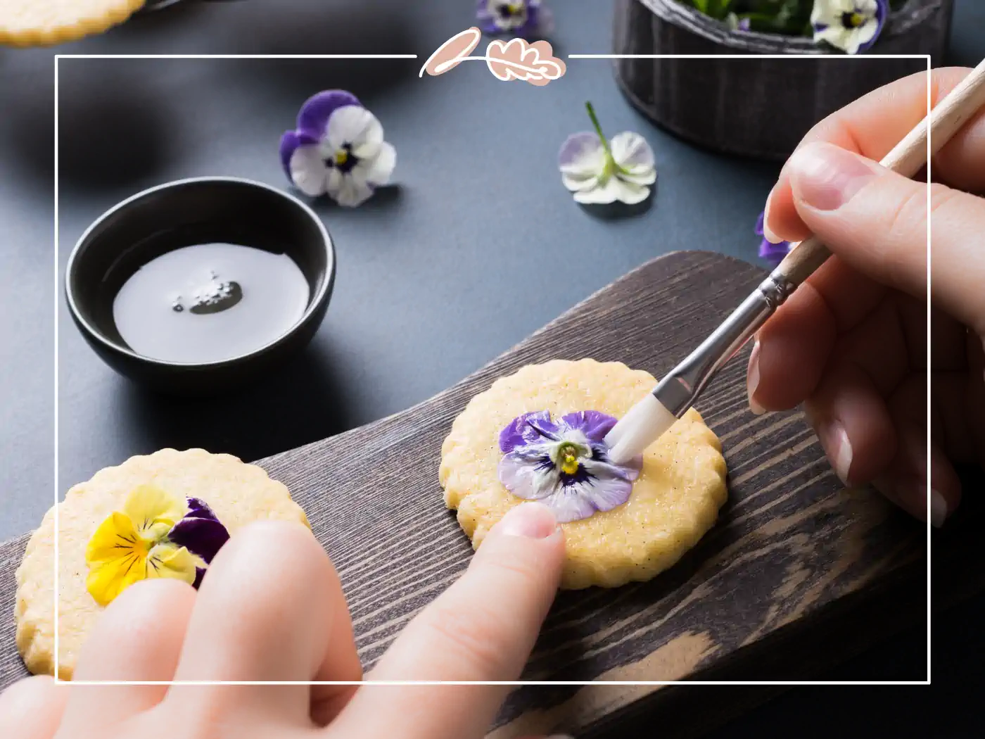 Close-up of hands decorating a cookie with an edible flower. Fabulous Flowers and Gifts.