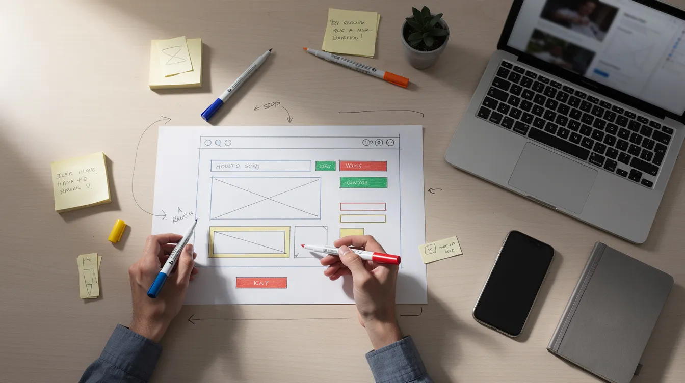 A designer is sketching a webpage wireframe layout on paper using colorful markers, with a laptop nearby, illustrating the creative process involved in developing a digital marketing strategy. This hands-on experience is essential for digital marketers to create engaging content and optimize their marketing campaigns effectively.