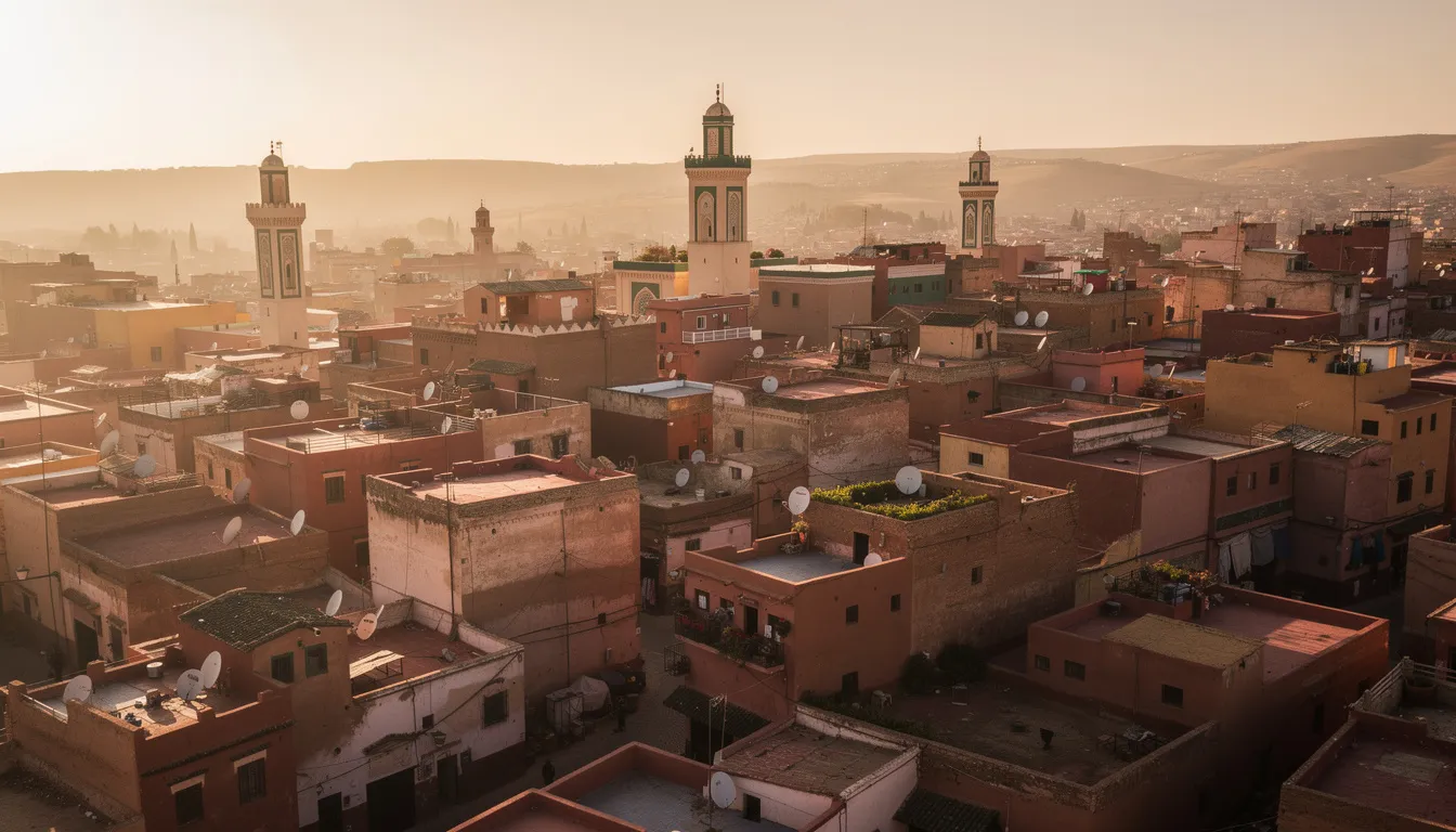 An aerial view of the Fes medina showcases its terracotta rooftops and towering minarets bathed in the warm light of golden hour, highlighting the historical architecture and vibrant souks that define this ancient city in Morocco. This picturesque scene captures the essence of Fes, making it a perfect destination for travelers seeking to explore the rich culture and history of Morocco.