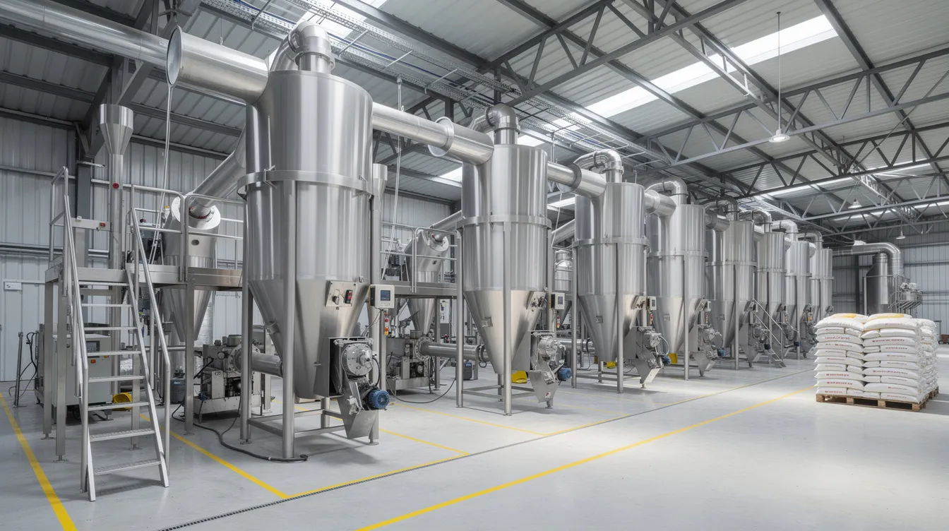 4de275d1 bd71 4389 8e37 cf0de45e81cf The image shows the interior of a modern rice milling plant featuring large stainless steel rice mill machinery, including bucket elevators and conveyor systems, all housed within an industrial shed. This setup highlights the efficiency and technology involved in rice processing, suitable for small and medium businesses.