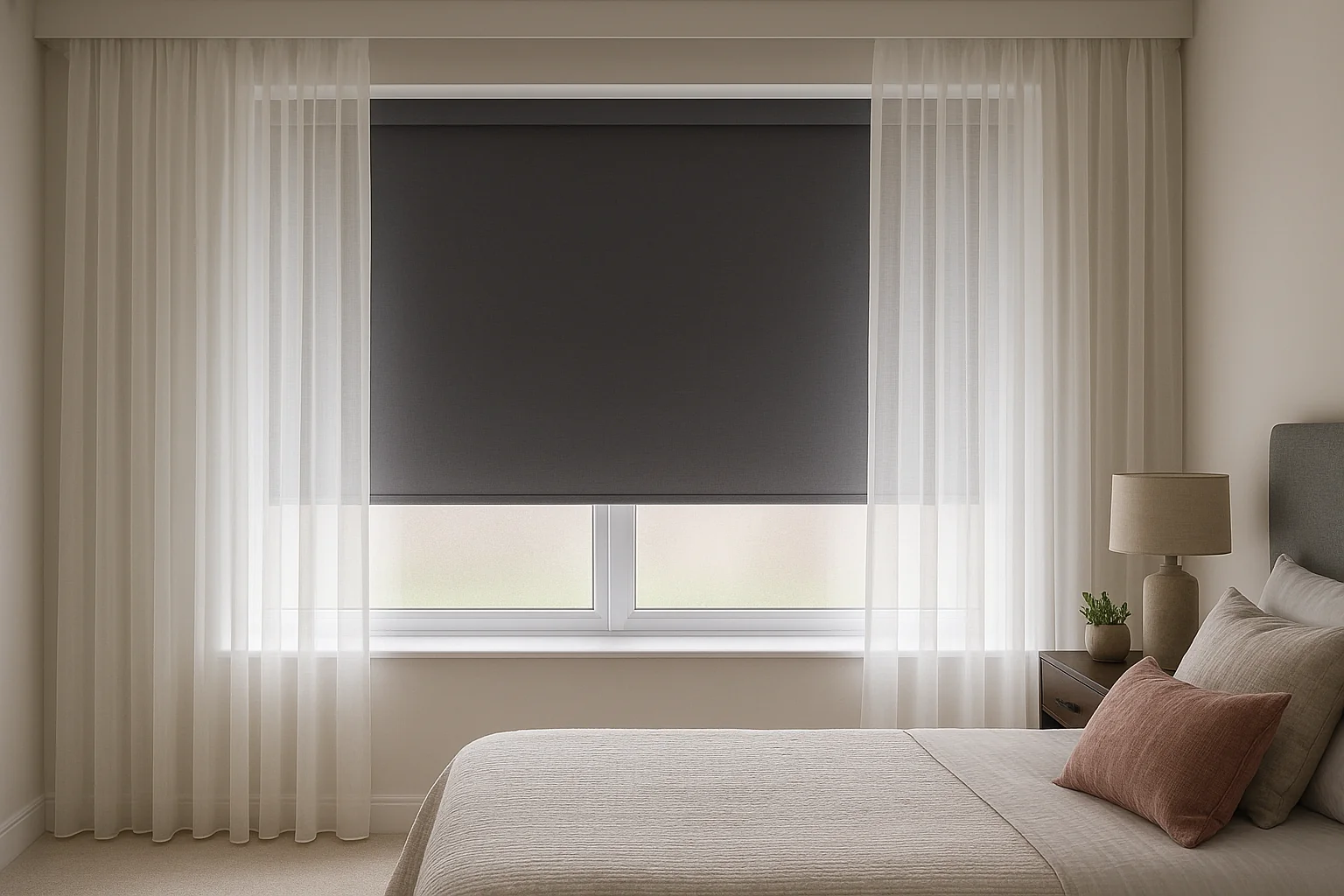 "Layered window dressing with sheer voiles and blackout blinds in a bedroom"