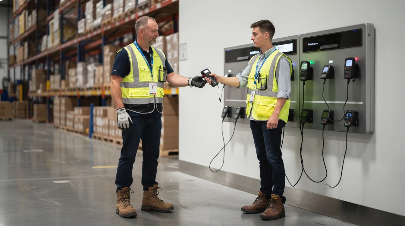 The image shows two warehouse workers at a device charging station during a shift change, with one worker handing a handheld scanner to the other. This exchange highlights the importance of managing RF scanners effectively to prevent lost devices and maintain productivity in inventory management systems.