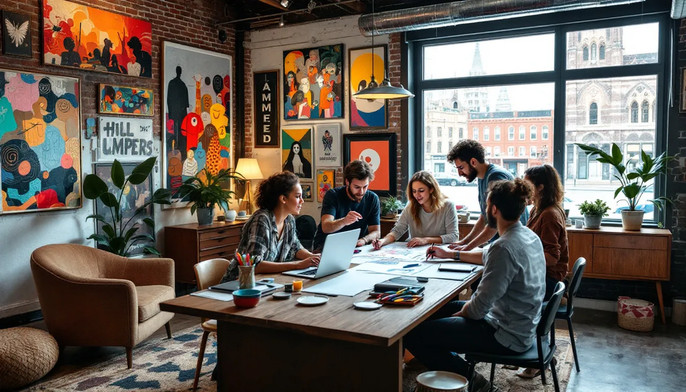 A team of graphic designers collaborating on a project.