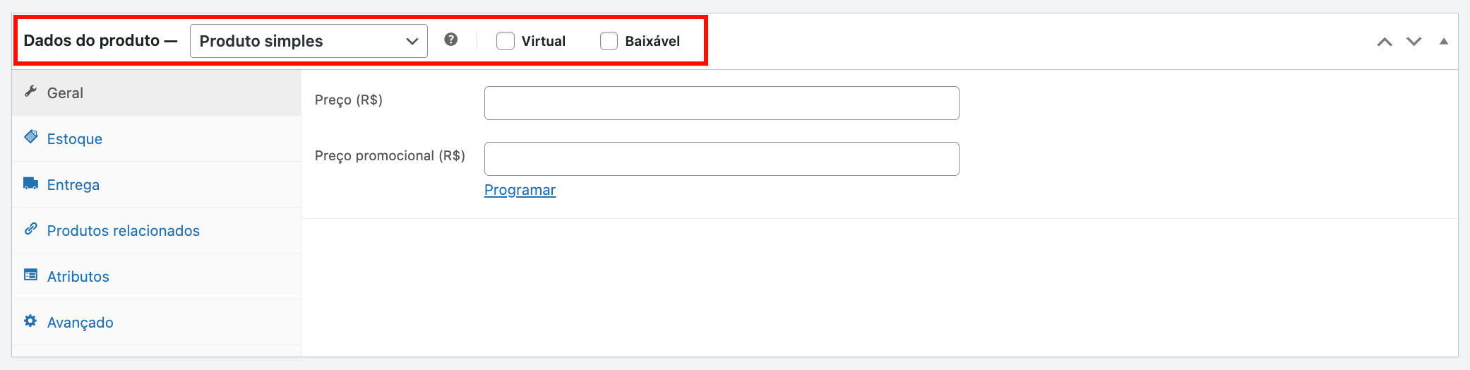 Seção de dados do produto no WooCommerce, destacando o campo do tipo de produto
