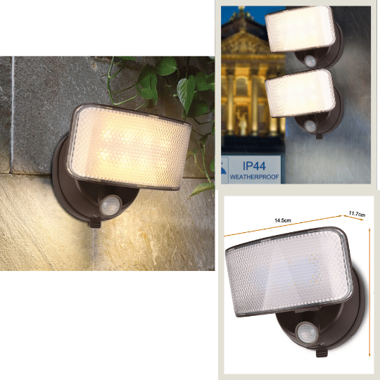 Weatherproof IP44 outdoor wall light with rectangular LED panel and motion sensor, shown illuminated on a stone wall, in pairs at night, and with dimensions labeled.