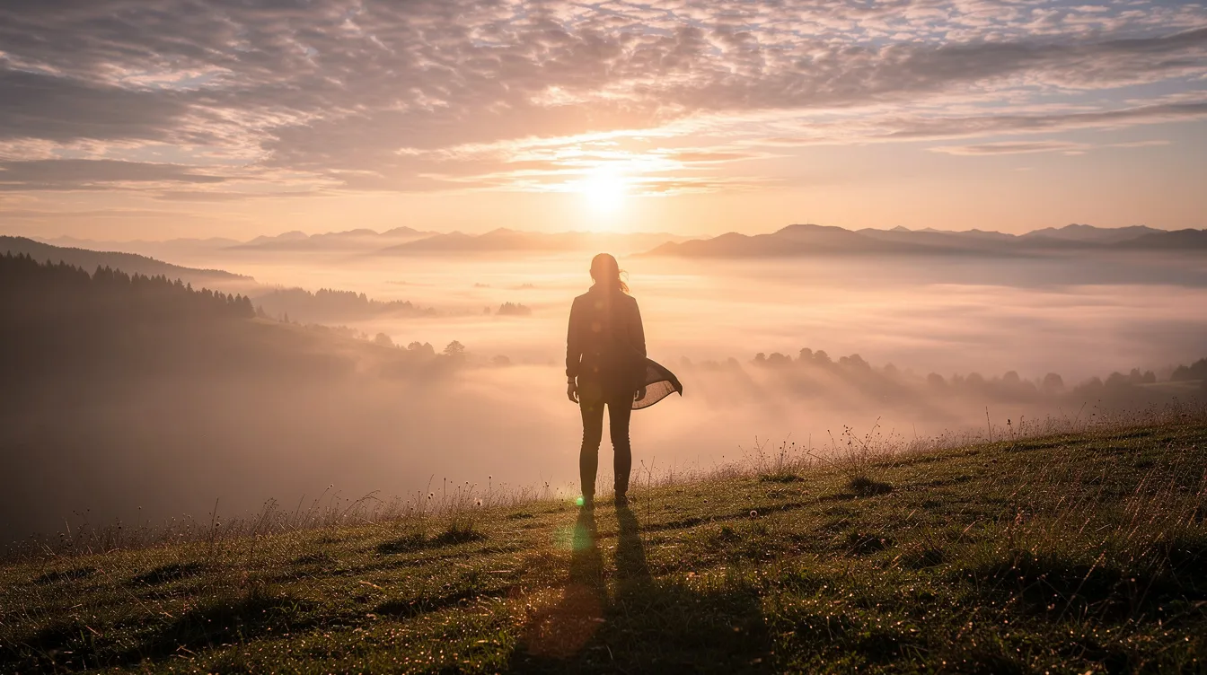 A solitary figure stands on a hillside at sunrise, gazing over a vast valley, representing a pivotal moment of personal decision. This image evokes themes of introspection and faith, reminiscent of the questions Jesus asked, inviting viewers to reflect on their own journey towards eternal life.