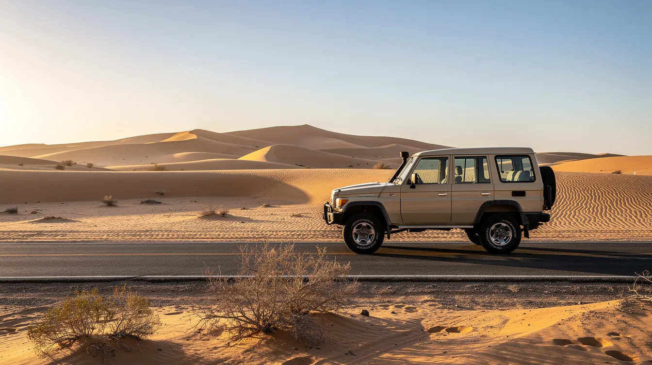 A rental car is parked beside a desert road, with golden sand dunes visible in the distance, creating a picturesque scene typical of a Morocco road trip. The tranquil setting highlights the beauty of the Sahara Desert and invites exploration of the rural areas beyond.