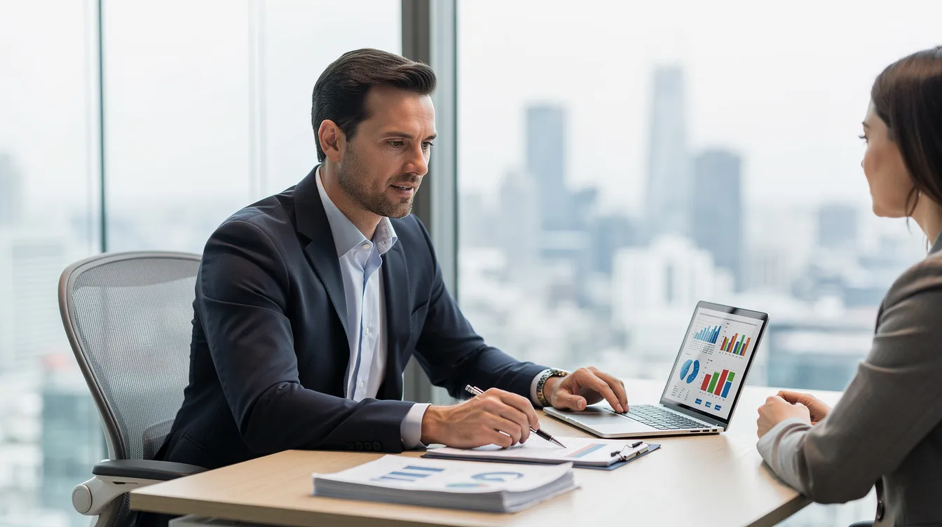 A financial advisor is meeting with a client at a modern office desk, discussing strategies for retirement savings and the importance of retirement accounts like IRAs and 401(k)s. The advisor provides insights into investment options and how to plan for retirement goals, ensuring the client feels confident about their financial future.