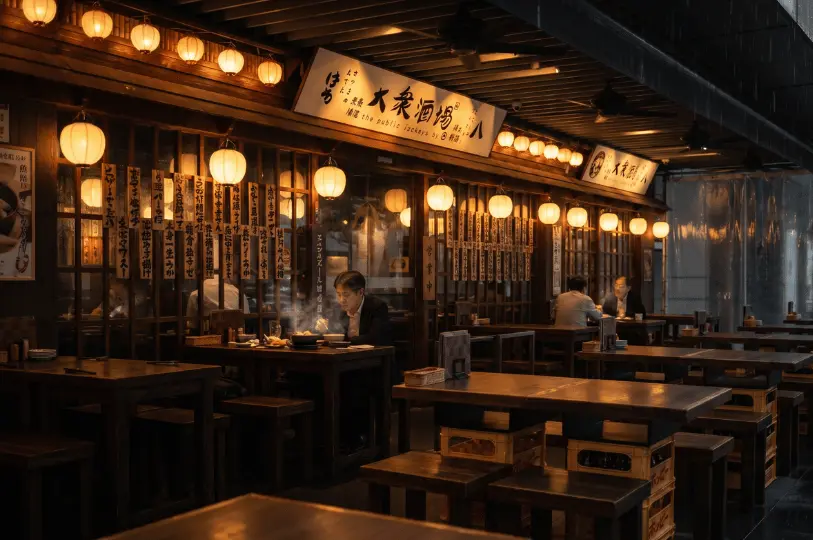 The warm, glowing exterior of a traditional-style izakaya at night, decorated with hanging paper lanterns and wooden signage. Diners are seated at dark wooden tables, with a man in a suit enjoying a steaming meal in the foreground.