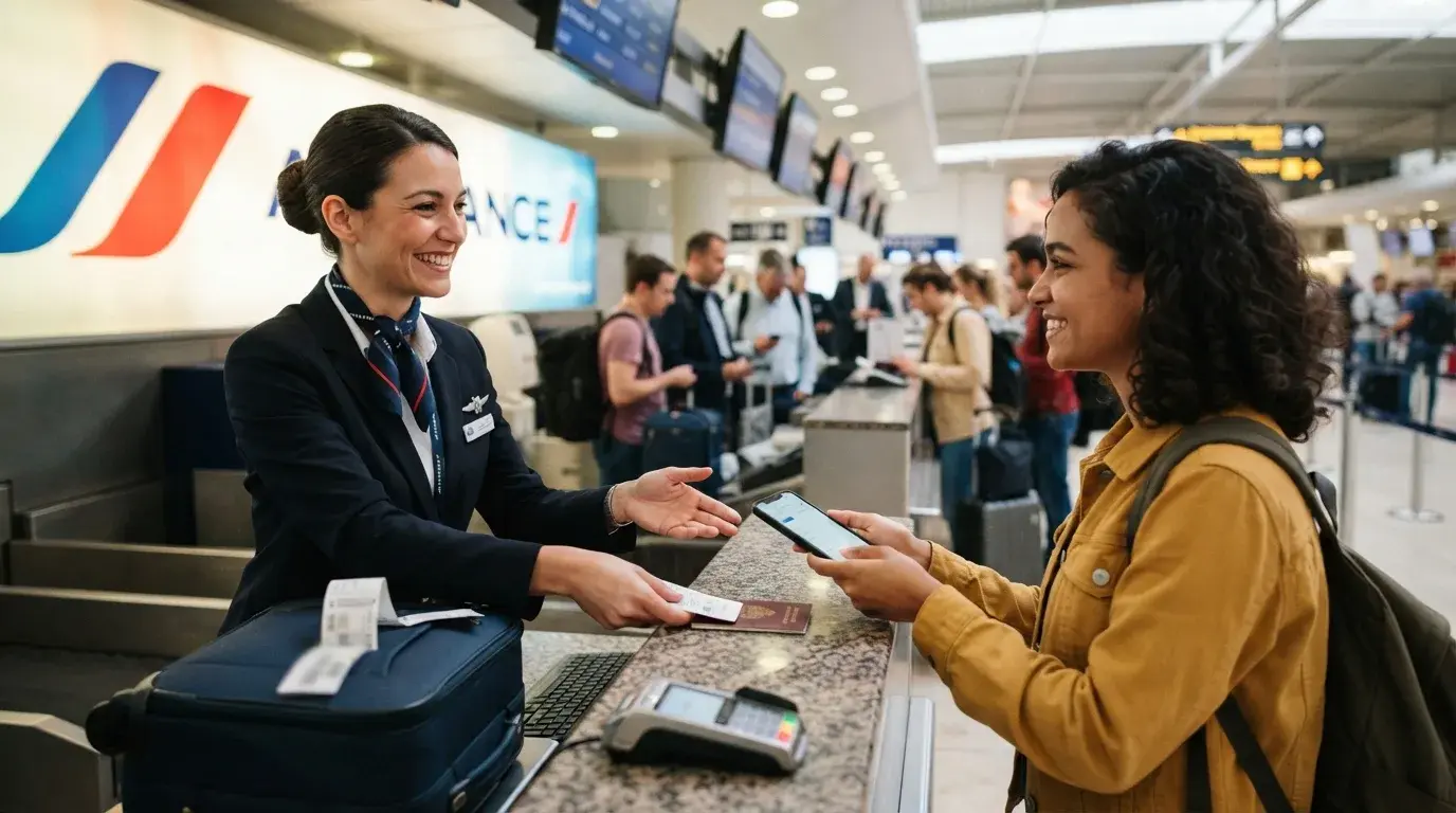 Airline check-in agent and immigration officer reviewing onward ticket proof