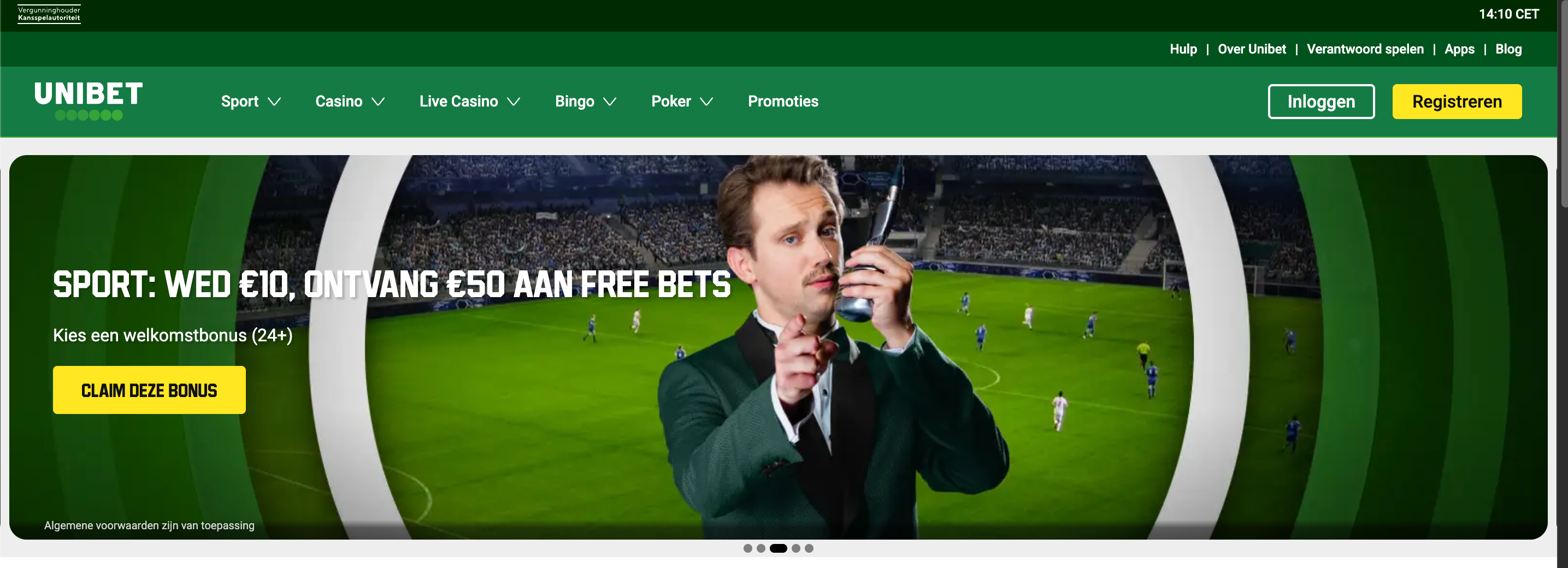 Unibet welkomstbonus: wed €10 en ontvang €50 aan free bets – voorbeeld van gratis weddenschap claimen in het sportsbook, met voorwaarden zoals minimale storting, minimale quotering en alleen voor spelers van 24 jaar of ouder.